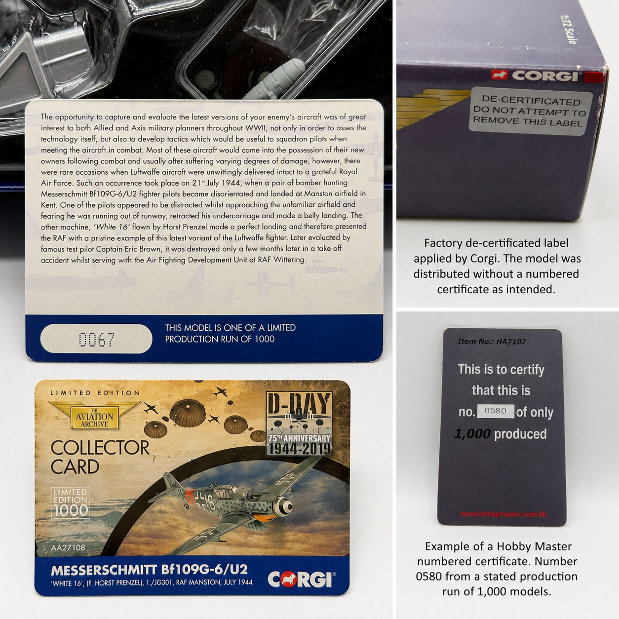 Corgi and Hobby Master limited-edition certificates showing numbered production runs and a Corgi de-certificated label