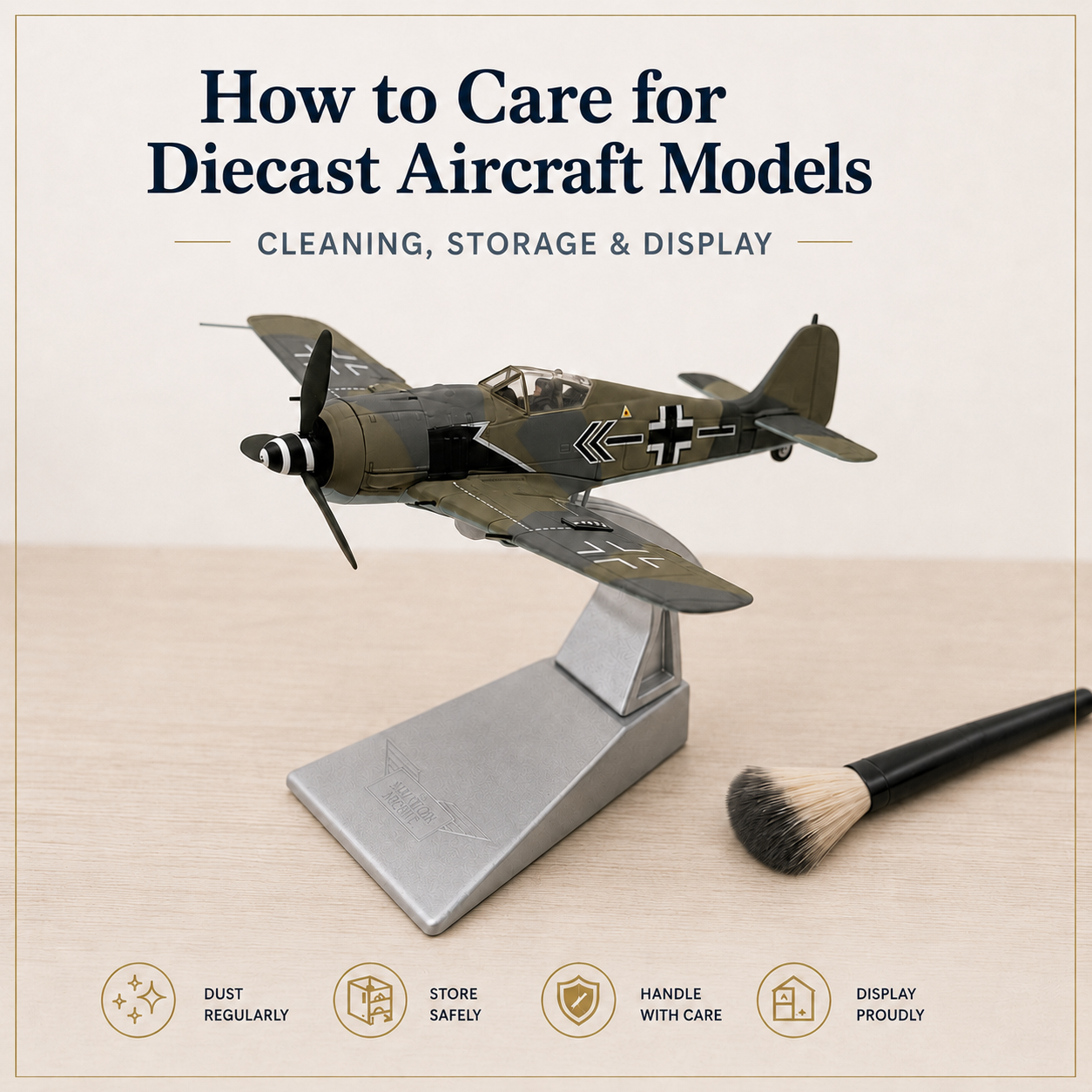 How to care for diecast aircraft models with a Focke-Wulf Fw 190 on display beside a soft cleaning brush