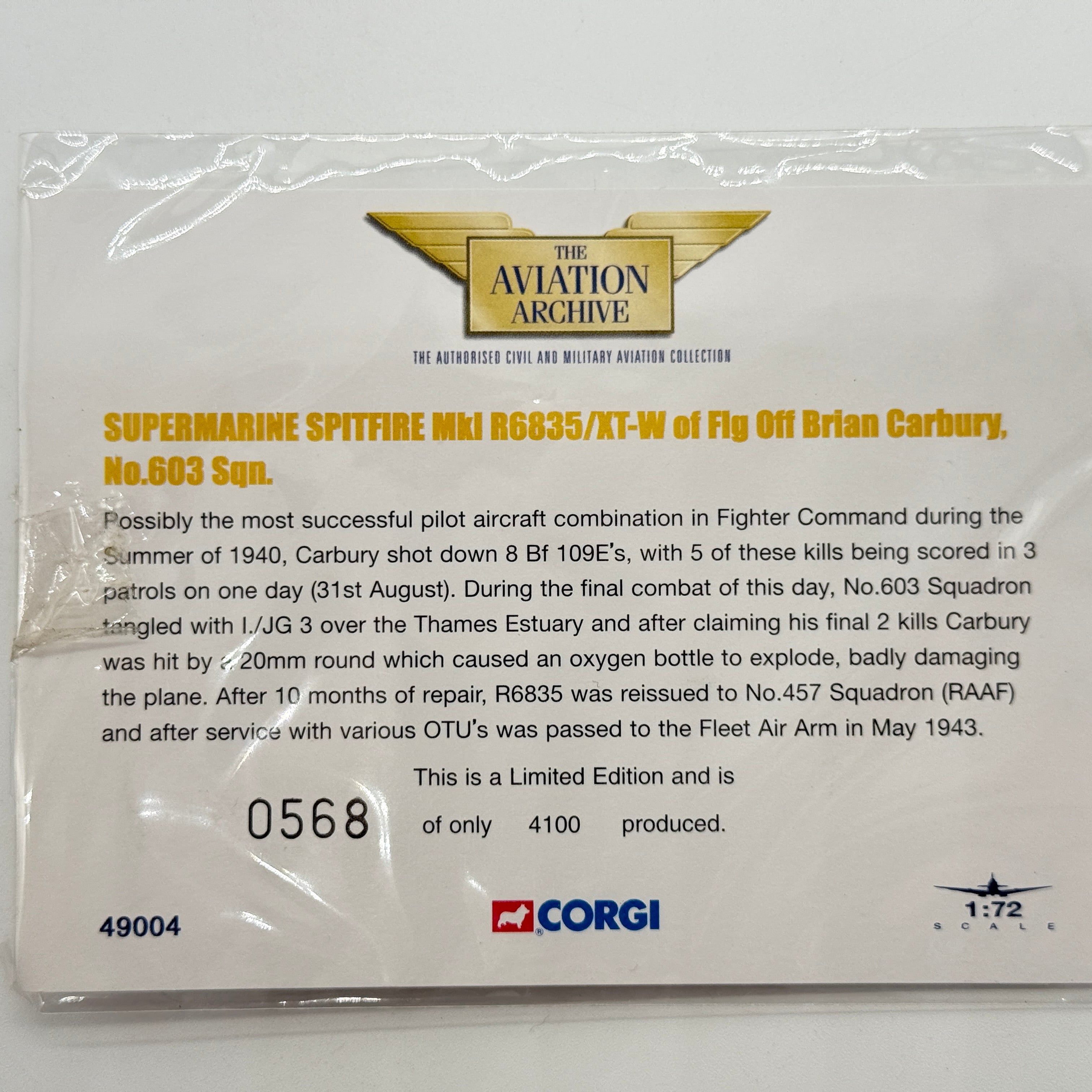Corgi 49004 1:72 Supermarine Spitfire Mk IA RAF No.603 Sqn R6835 XT-W Brian Carbury Hornchurch Battle of Britain 1940