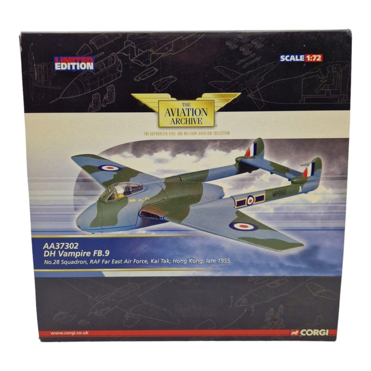 Corgi Aviation Archive 1:72 De Havilland Vampire Fb.mk 9 RAF No.28 Sqn, Late 1955 AA37302 - Corgi