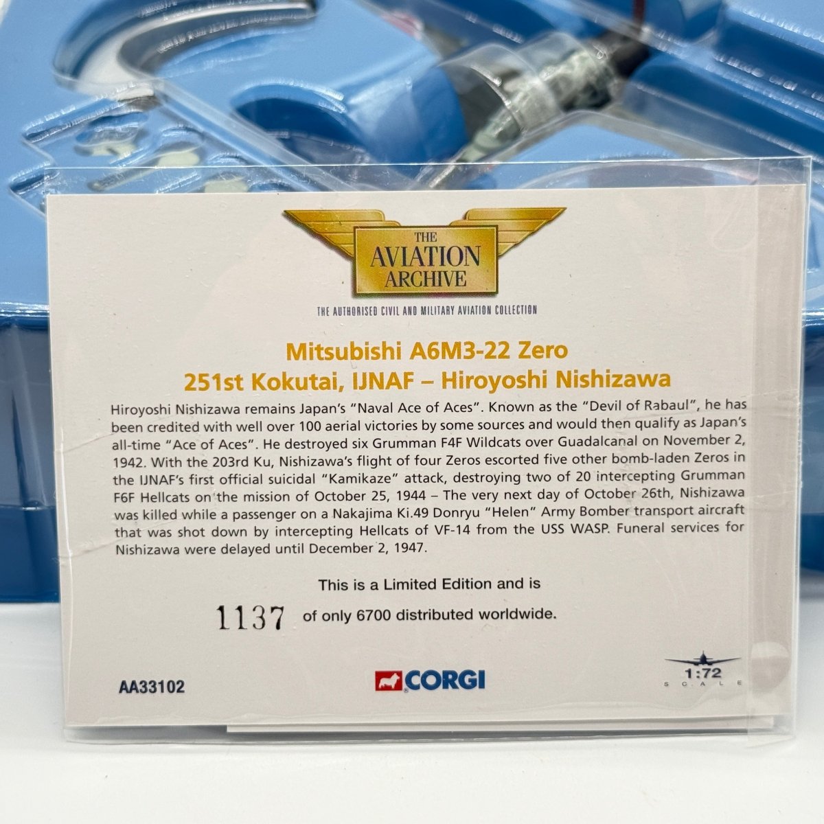 Corgi AA33102 1:72 Mitsubishi A6M3 Zero-Sen IJNAS 251st Kokutai UI-105 Hiroyoshi Nishizawa - Corgi