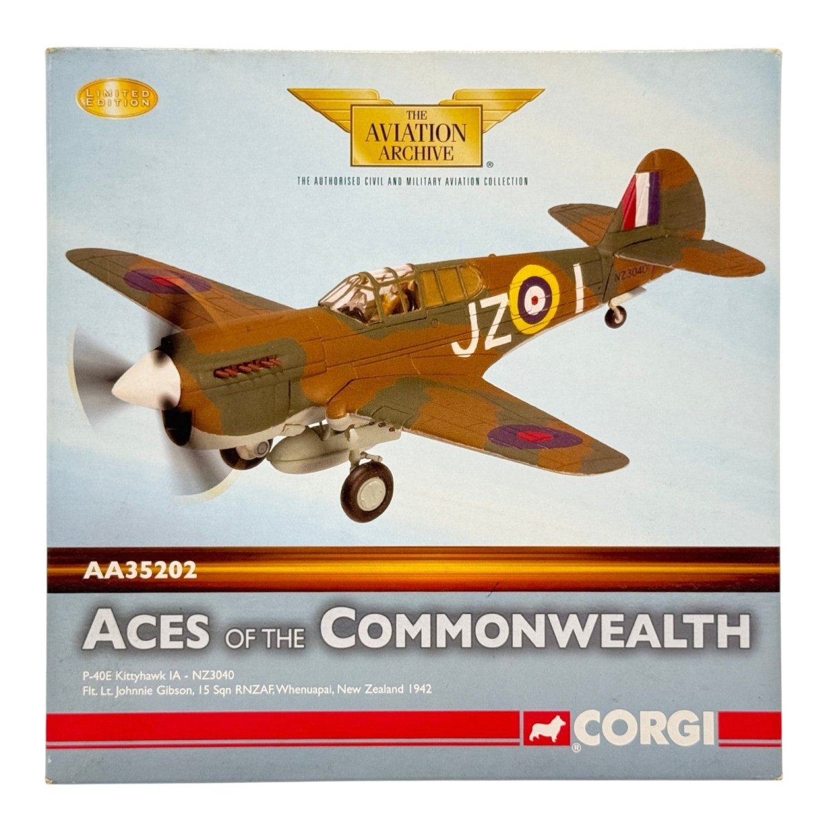 Corgi AA35202 1:72 Curtiss P-40E Warhawk RNZAF No.15 Sqn JZ Johnnie Gibson Whenuapai New Zealand 1942 - Corgi