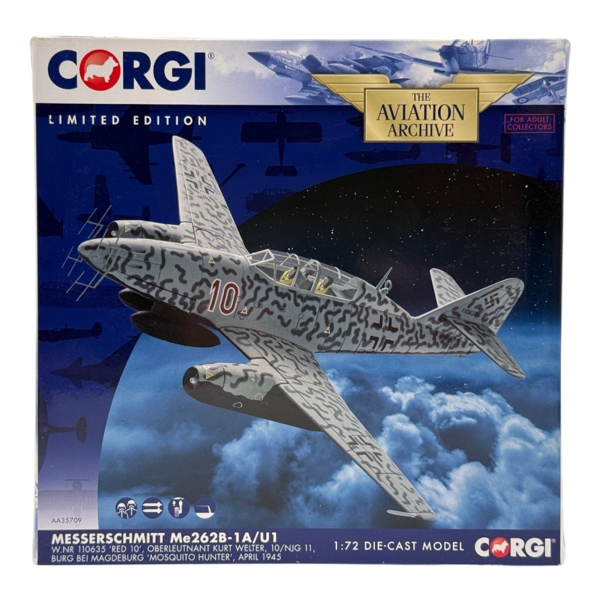 Corgi AA35709 1:72 Messerschmitt Me 262B Luftwaffe 10./NJG 11 Kurt Welter Red 10 - Corgi