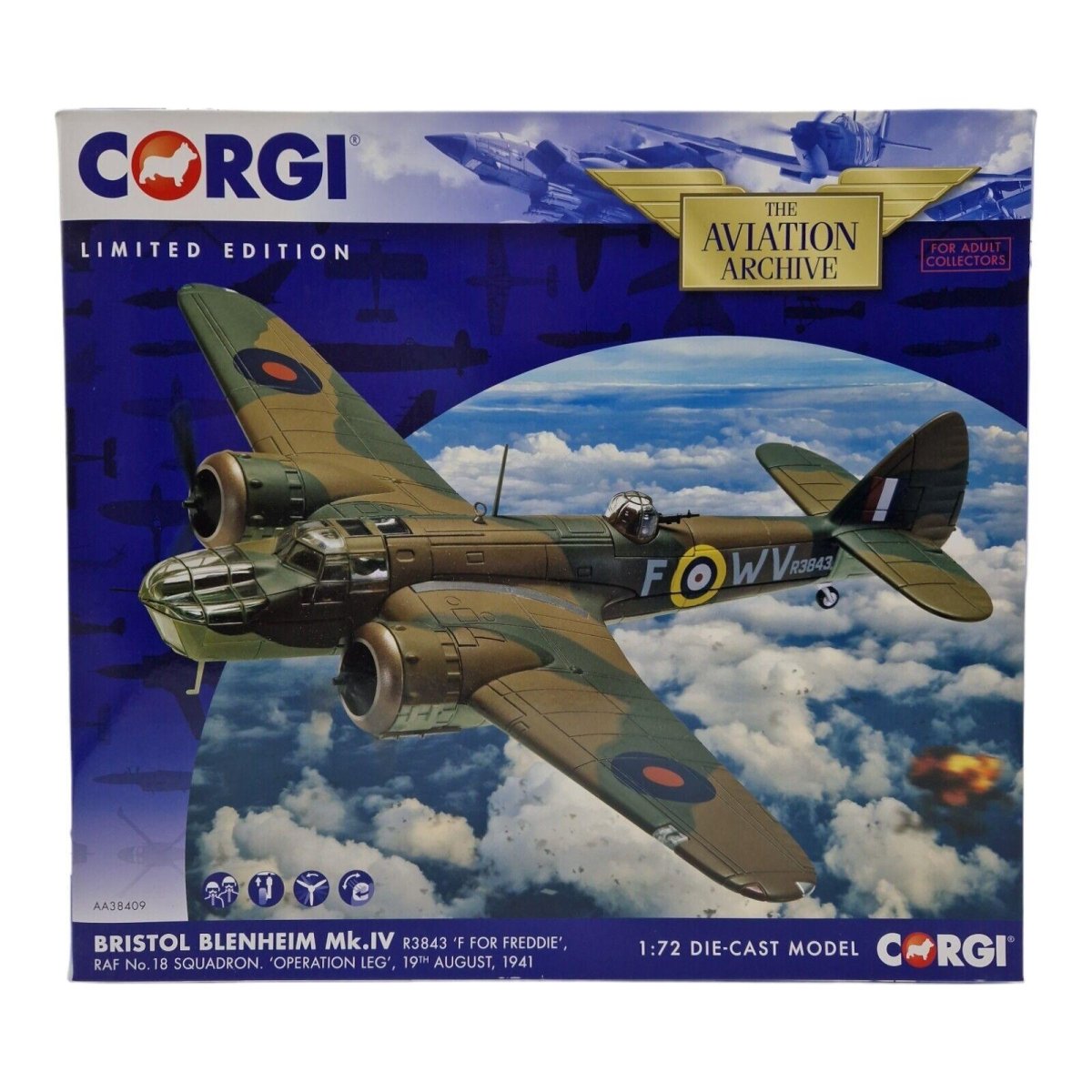 Corgi Aviation Archive 1:72 Bristol Blenheim Mk.IV R3843 F Freddie Raf 18 Sqn Op Leg 1941 AA38409 - Corgi