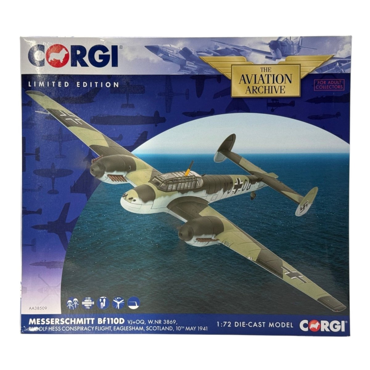 Corgi AA38509 1:72 Messerschmitt Bf110D VJ+OQ Rudolf Hess Scotland 10 May 1941 - Corgi