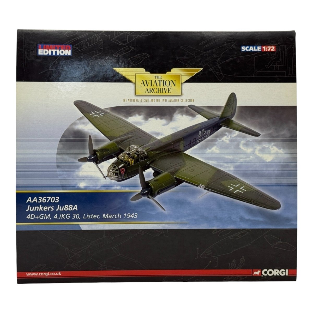 Corgi Aviation 1:72 Ju88A 4D+GM, Lister, March 1943, Diecast Model AA36703 - Corgi