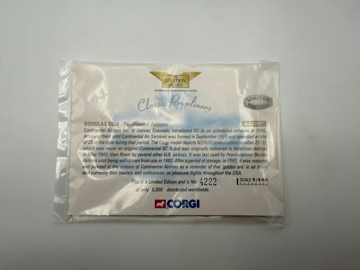 Corgi Aviation AA30001 1:144 Douglas DC - 3 Continental Airlines Diecast Model - Corgi