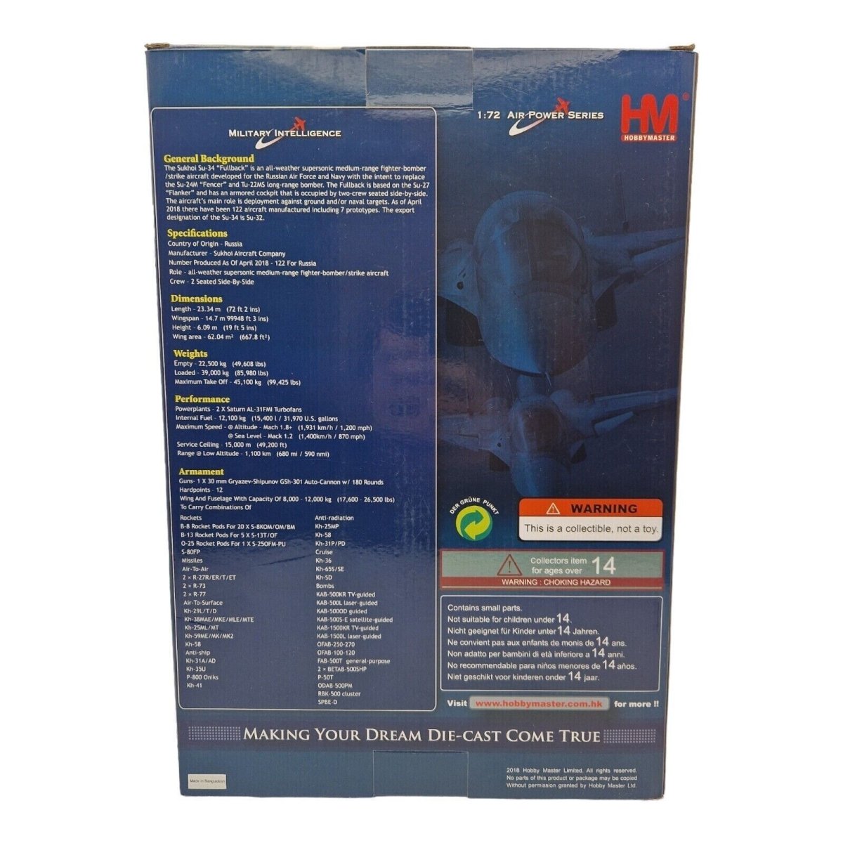 Hobby Master 1:72 Su - 34 Fullback “Red 24“ Russian Air Force Diecast Model HA6306 - Hobby Master