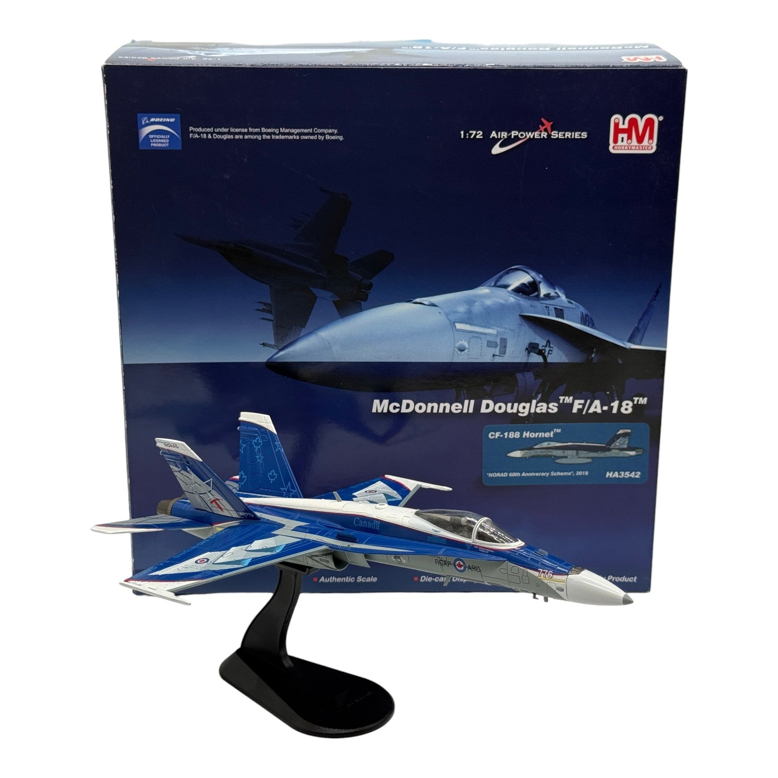 The Collectables Vault 1:72 scale Hobby Master CF-18 Hornet diecast model in blue NORAD 60th anniversary livery on stand