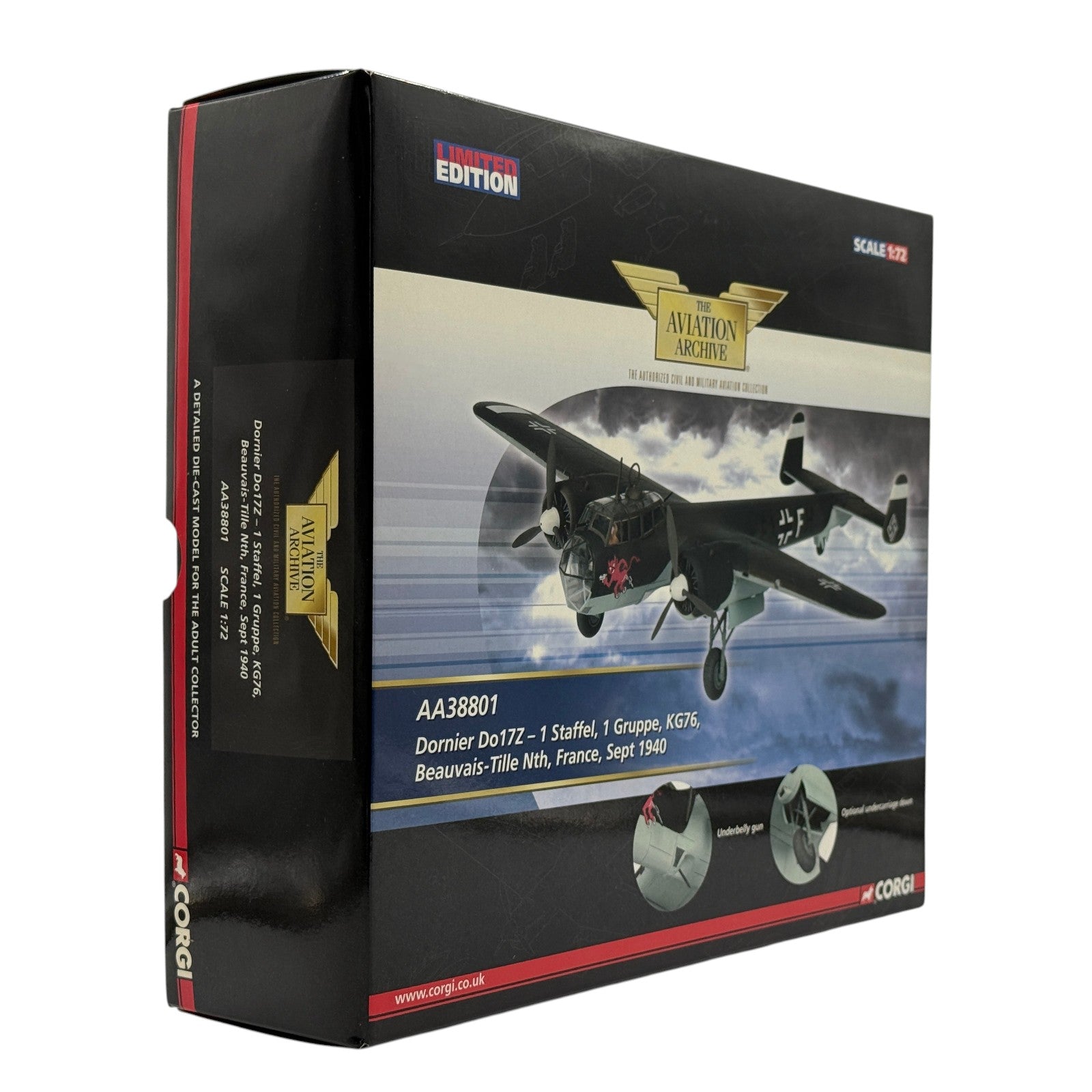 The Collectables Vault Corgi 1:72 Dornier Do 17Z Luftwaffe model aircraft box featuring Flying Pencil artwork
