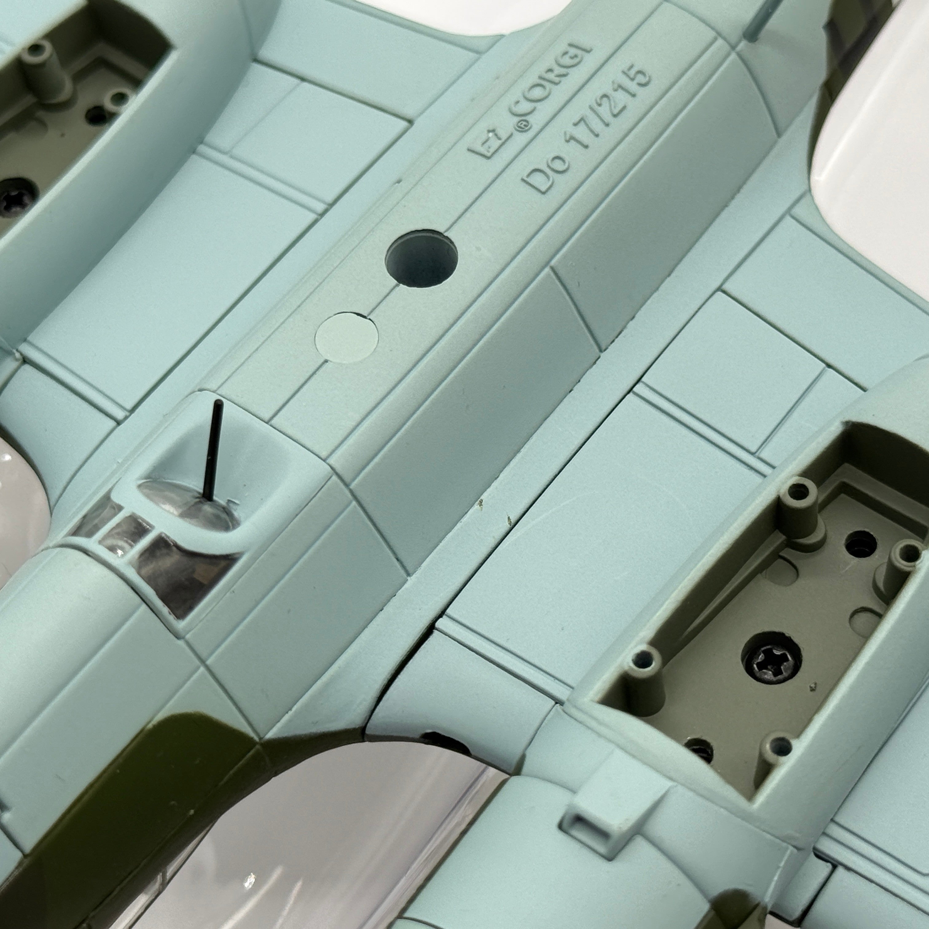 The Collectables Vault Corgi 1:72 Dornier Do 17Z diecast model underside showing fuselage detail and wing attachment.