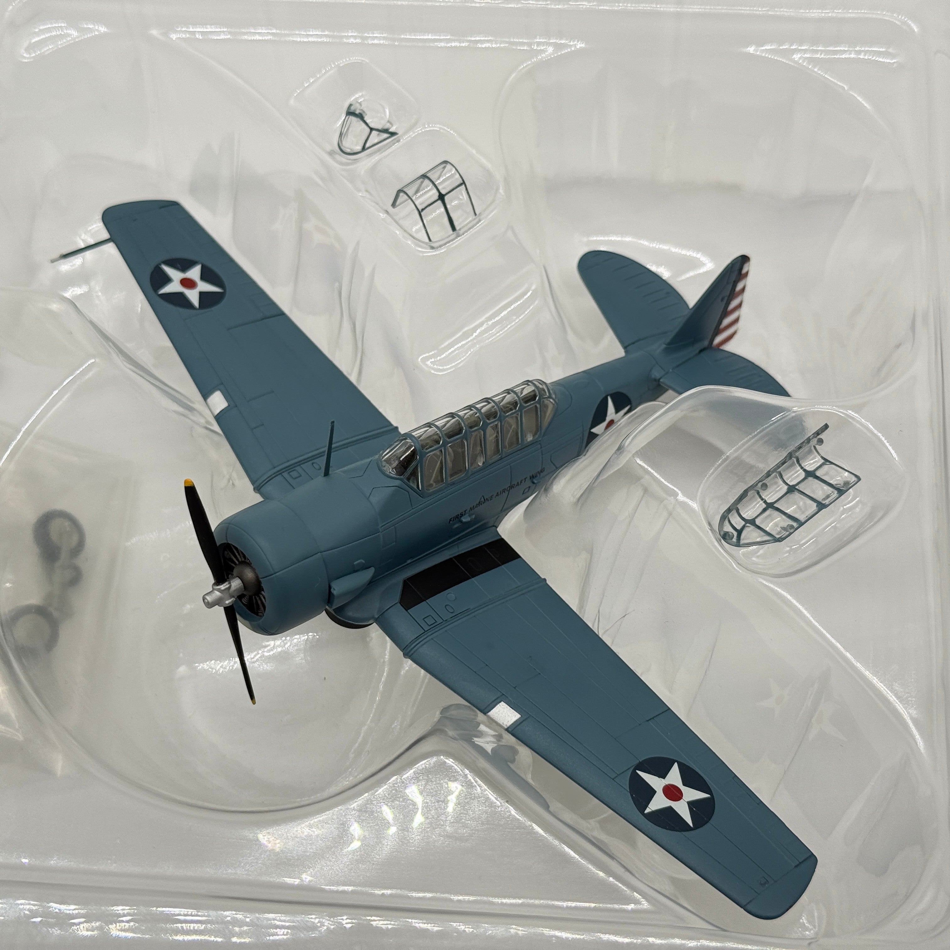 The Collectables Vault 1:72 scale diecast North American SNJ-3 Texan model in blue-grey USMC livery with striped rudder.