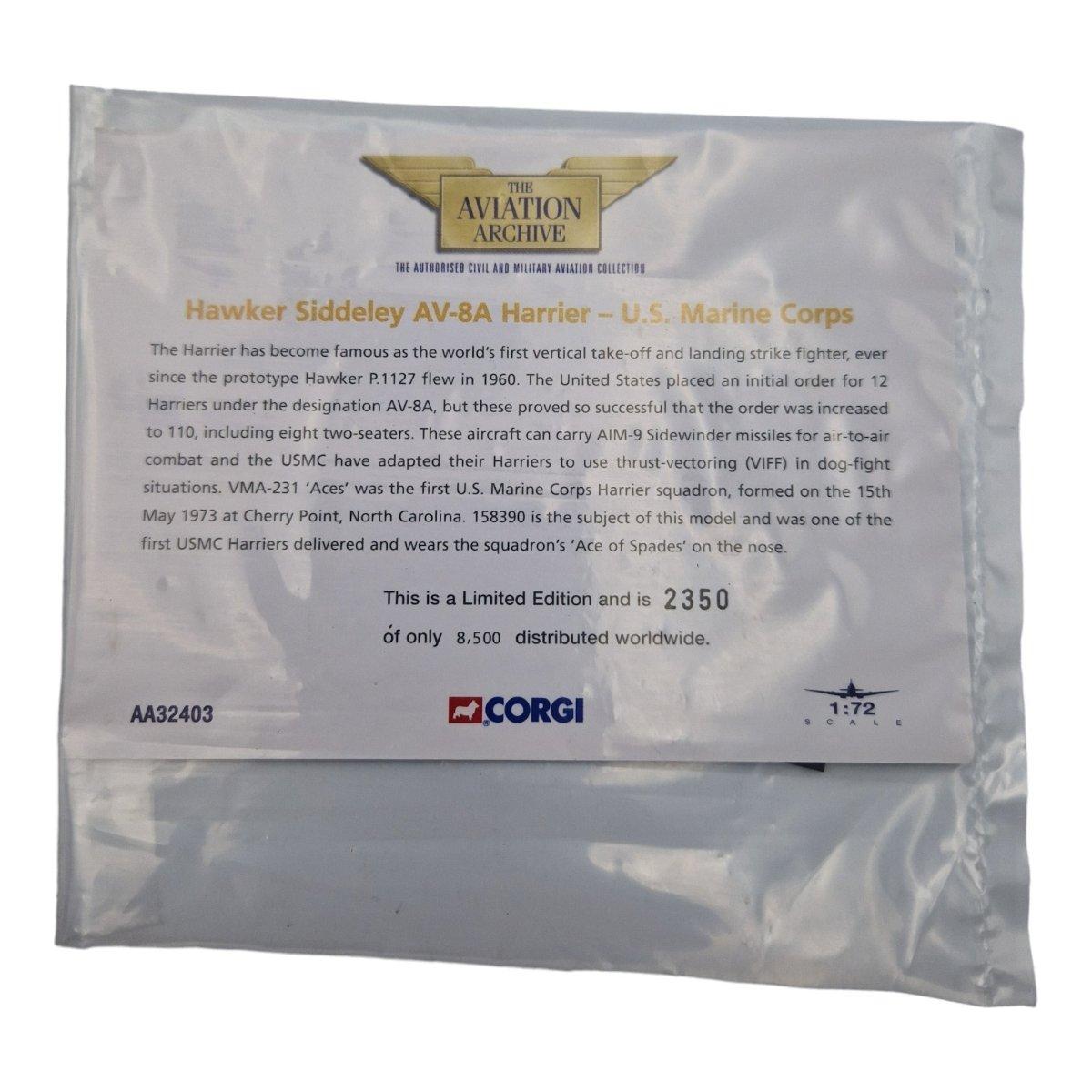Corgi Aviation Archive 1:72 Scale Hawker Siddeley Harrier U.S Marine Corps AA32403 - Corgi