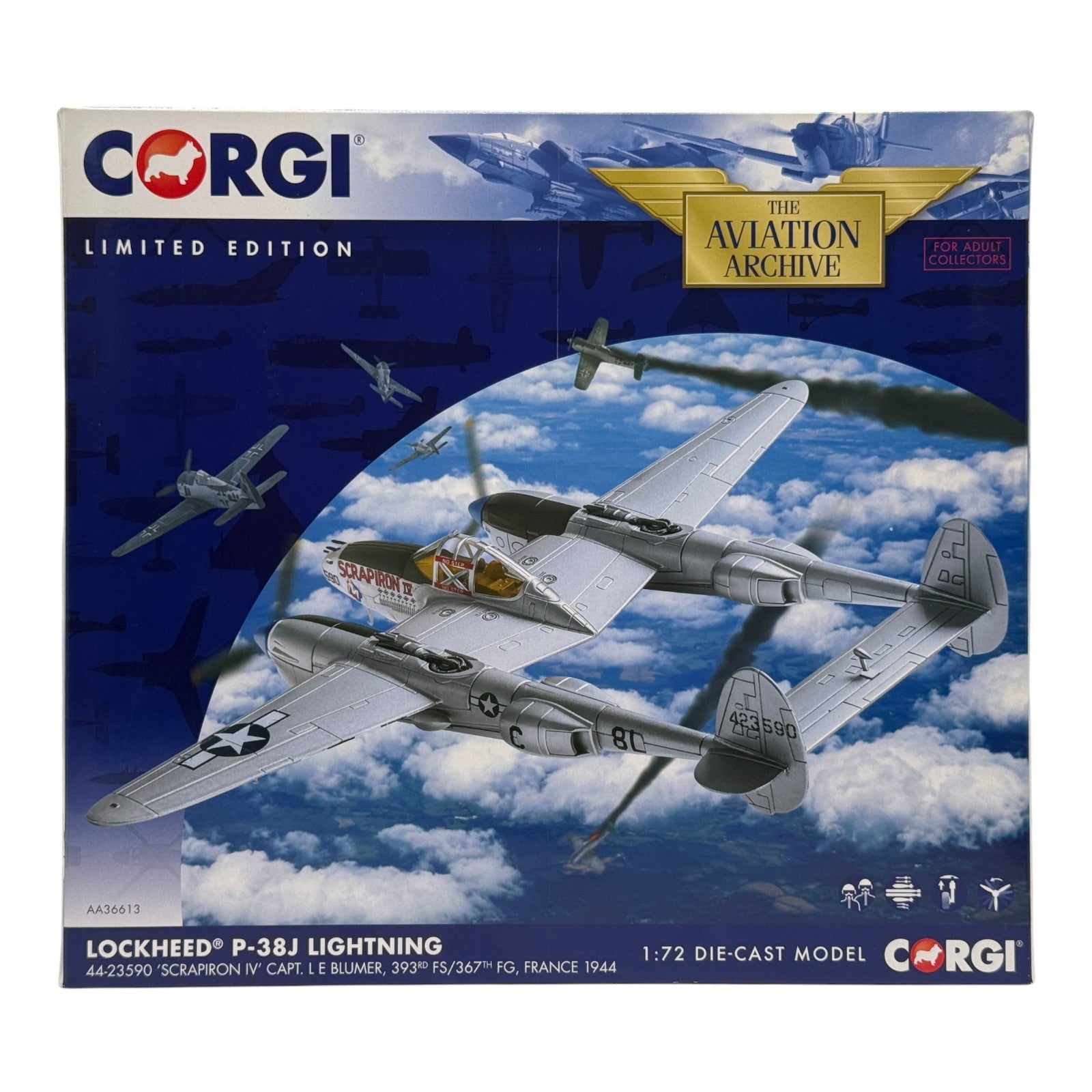 Corgi AA36613 1:72 Lockheed P-38J Lightning USAAF 367th FG Scrapiron IV 1944