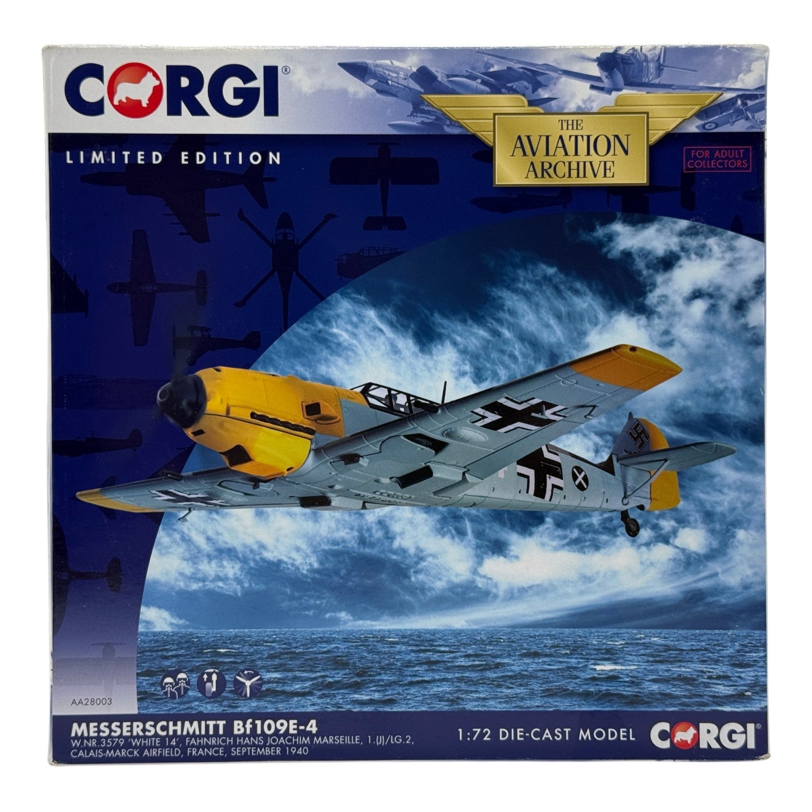 Corgi AA28003 1:72 Messerschmitt Bf 109E-4 Luftwaffe 1.(J)/LG 2 White 14 Marseille 1940