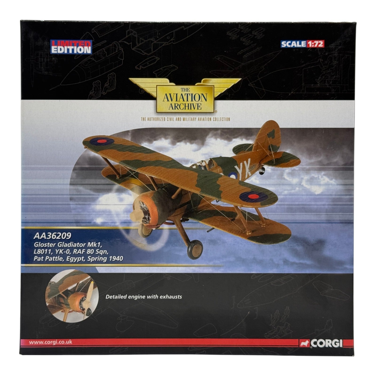Corgi AA36209 1:72 Gloster Gladiator Mk I RAF No.80 Sqn YK-O L8011 Pat Pattle Egypt 1940