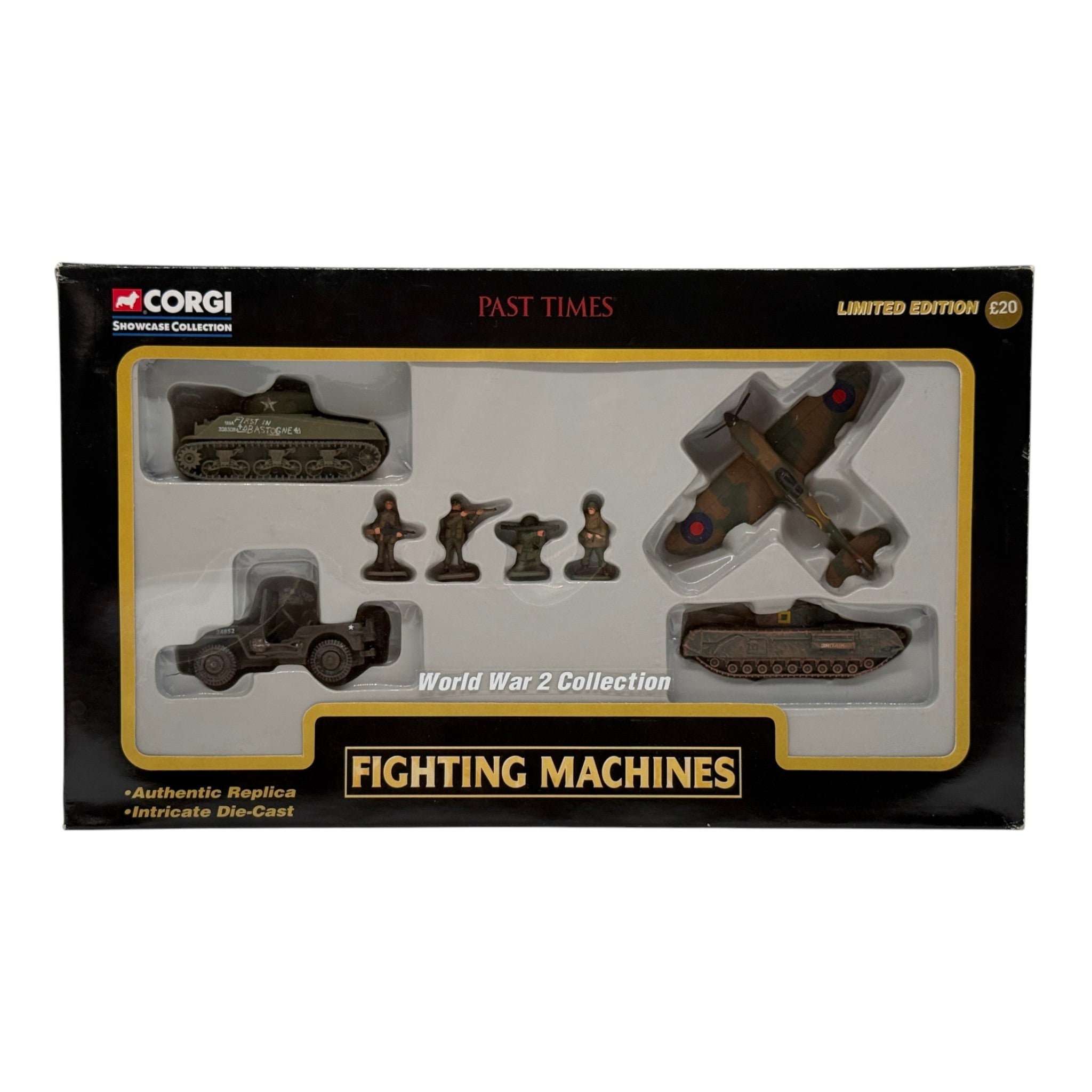 Corgi CSCW20004 Fighting Machines World War II Collection M4 Sherman Churchill Mk IV Willys Jeep Spitfire 4-Model Set