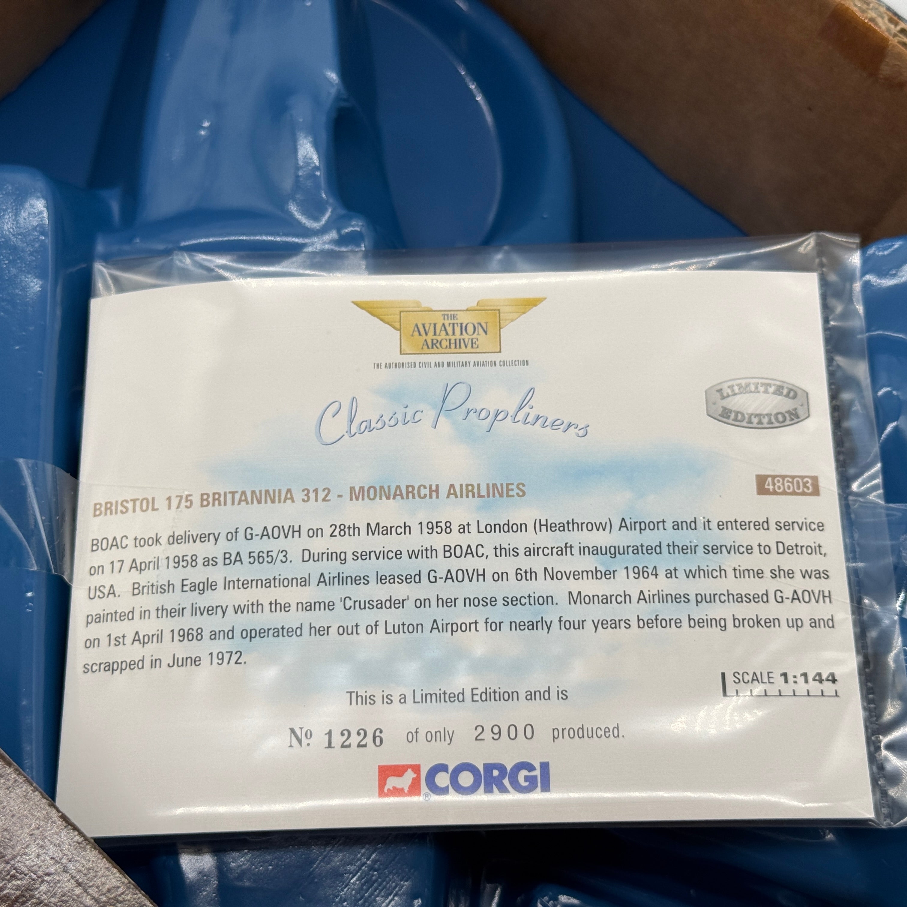 Corgi 48603 1:144 Bristol Britannia 312 Monarch Airlines G-AOVH