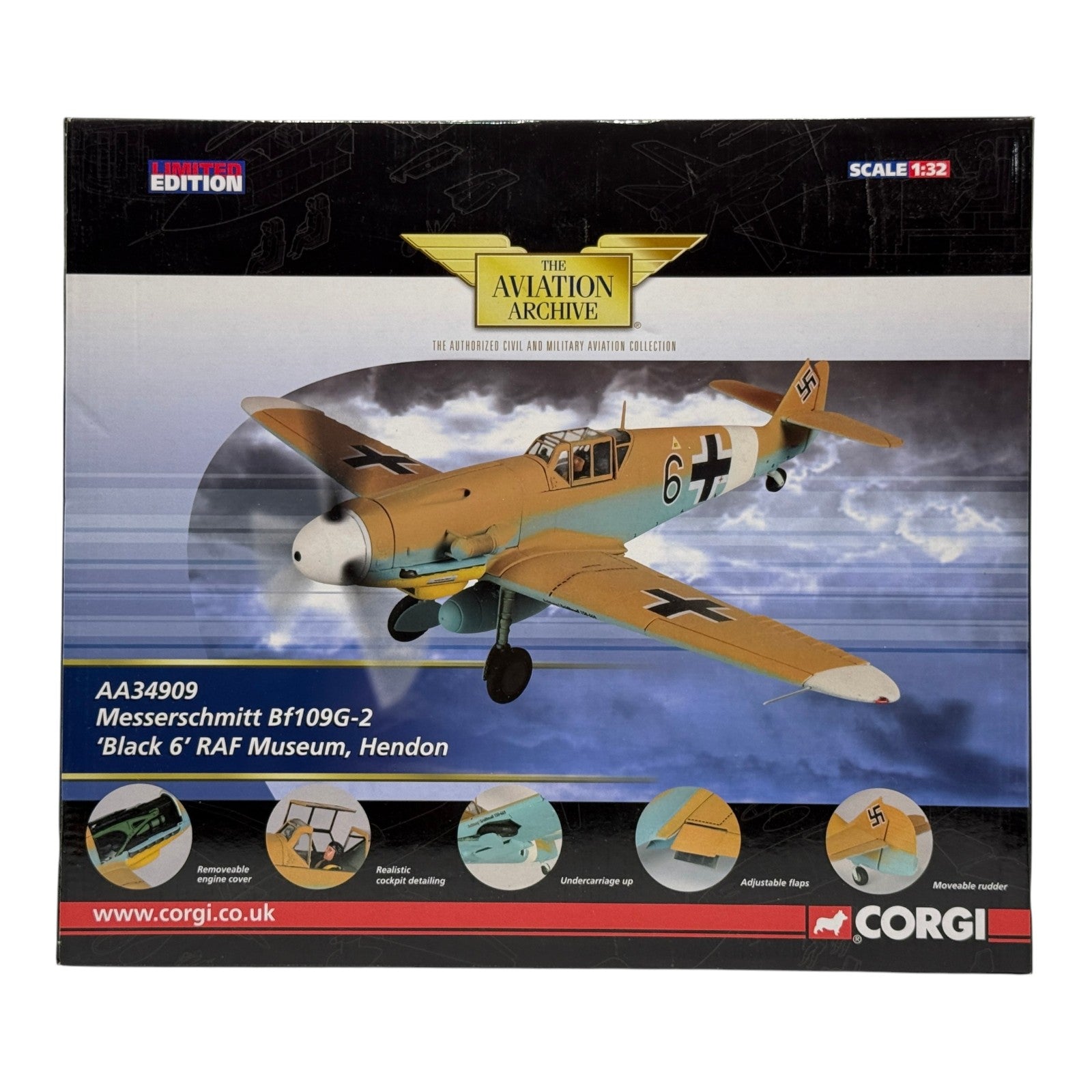 Corgi AA34909 1:32 Messerschmitt Bf 109G-2 Trop Black 6 Heinz Lüdemann JG 77 Libya 1942 Certificate 02/999