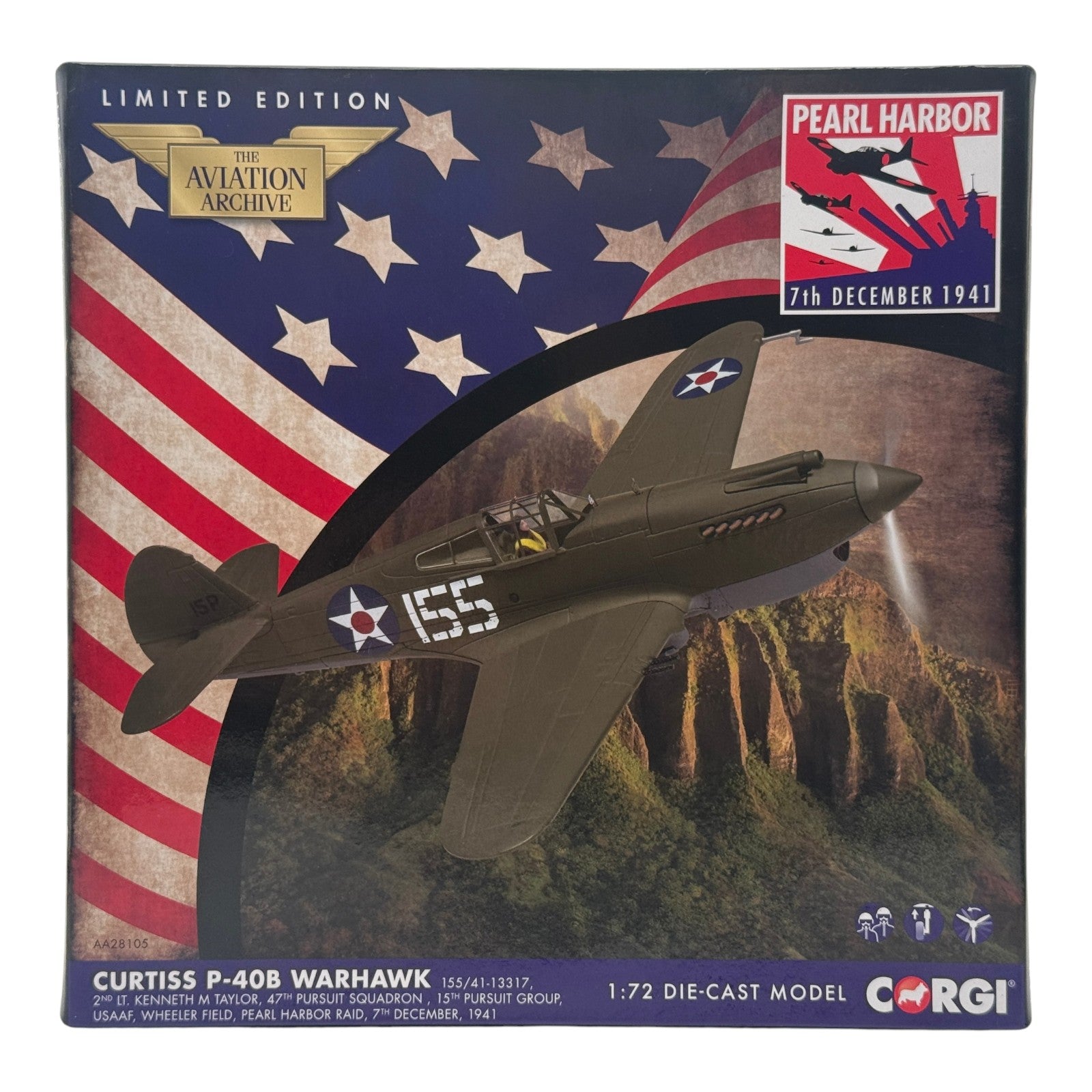 Corgi AA28105 1:72 Curtiss P-40B Warhawk White 155 Kenneth Taylor Pearl Harbor 1941