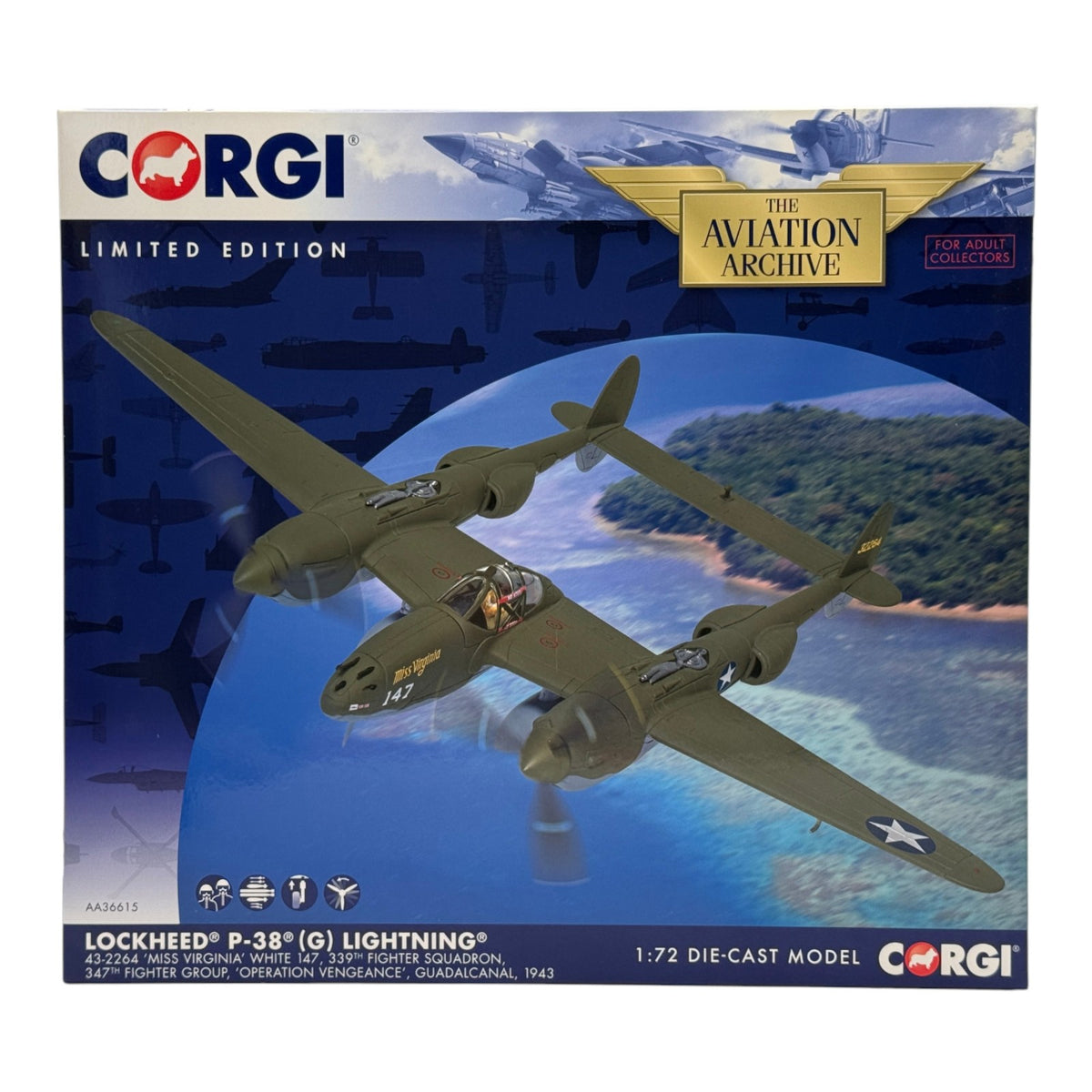 Corgi AA36615 1:72 P-38G Lightning Miss Virginia Operation Vengeance 1943 USAAF