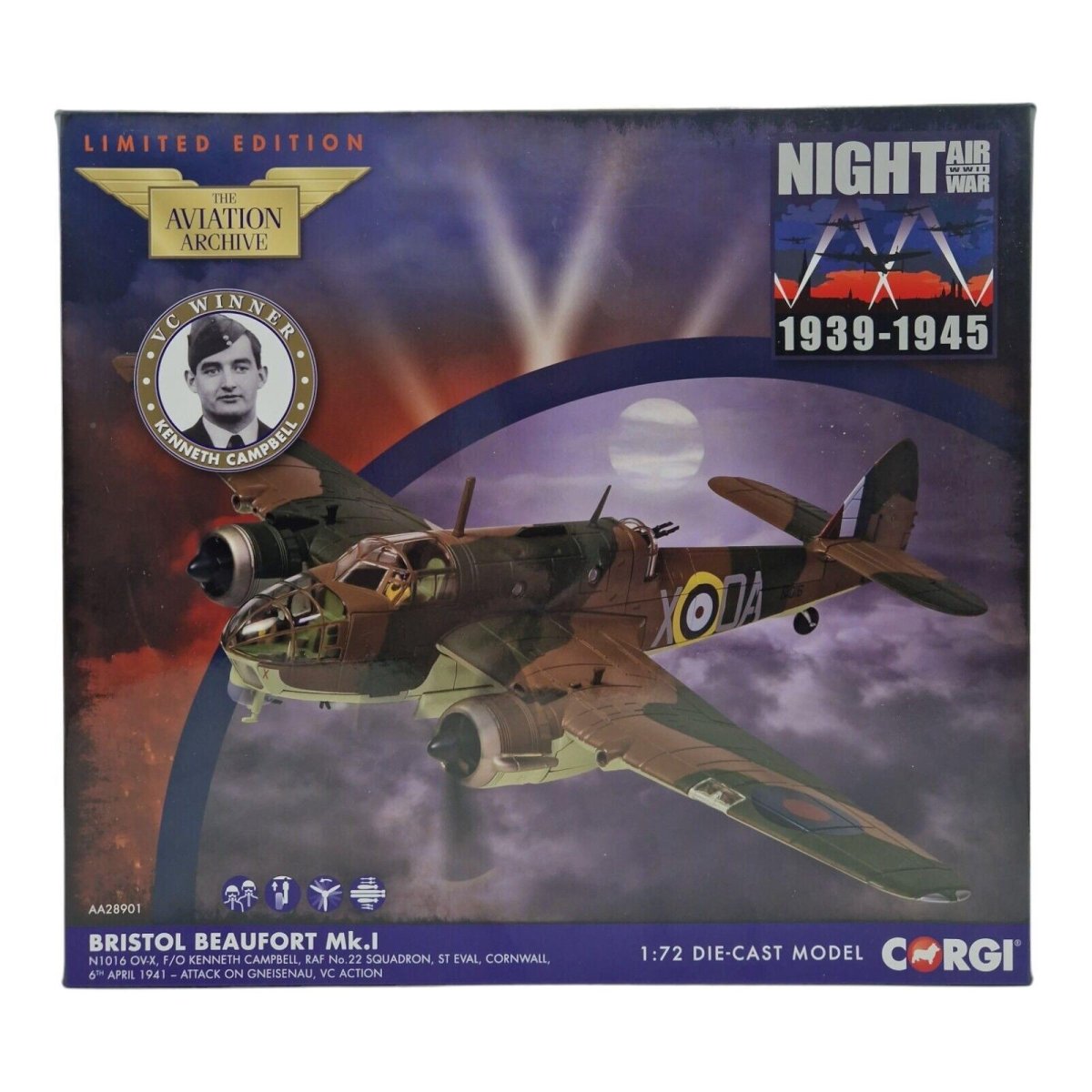 Corgi Aviation Archive 1:72 Bristol Beaufort Mk.I N1016 OV - X F/O K Campbell No 22 Sqn Raf 1941 AA28901 - Corgi