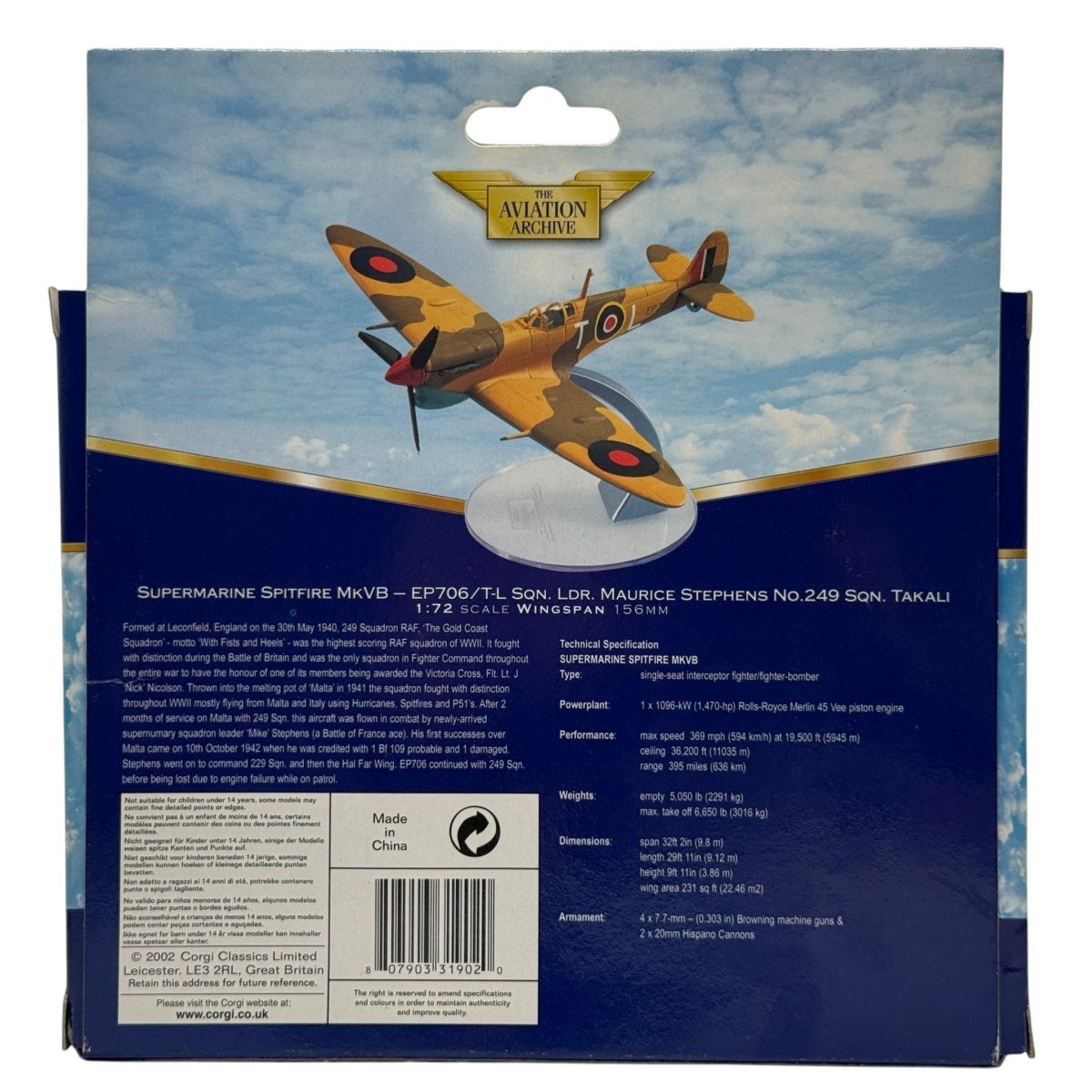 Corgi AA31902 1:72 Supermarine Spitfire Mk VB RAF No.249 Sqn EP706 T-L Maurice Stephens Takali Malta 1942 - Corgi