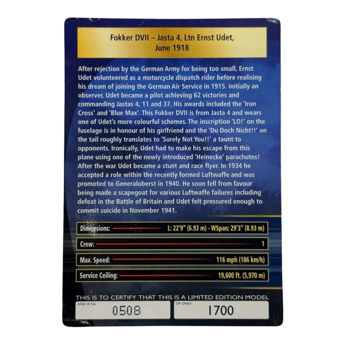 Corgi Aviation AA38902 1:48 Fokker D.VII Ernst Udet Jasta 4 Luftstreitkrafte 1918 - Corgi