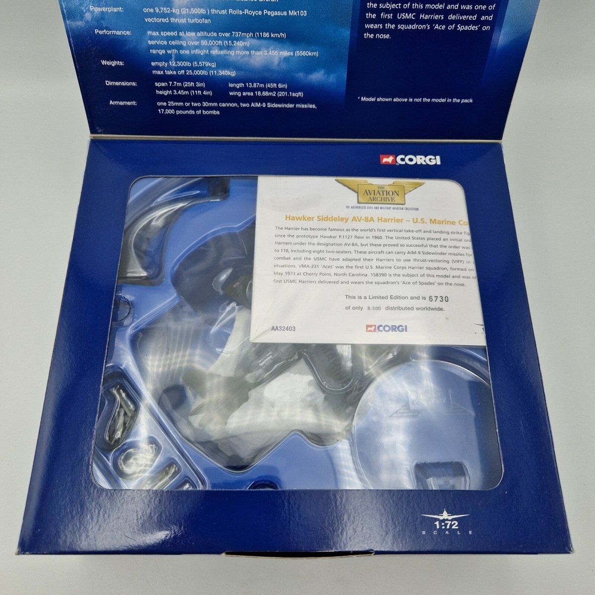 Corgi Aviation Archive 1:72 Hawker Siddeley AV - 8A Harrier, US Marine Corps, Diecast Aircraft AA32403 - Corgi