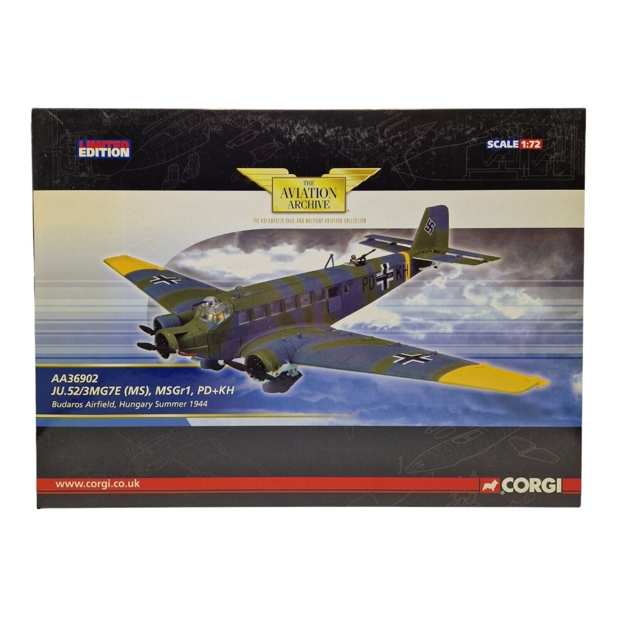 Corgi Aviation Archive 1:72 Junkers JU.52/3MG7E(MS),MSGr1,PD+KH Hungary 1944 AA36902 - Corgi