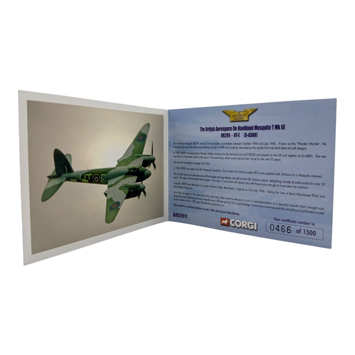 Corgi Aviation Archive AA32811 1:72 De Havilland Mosquito T.MkIII RR299 HT - E RAF - Corgi