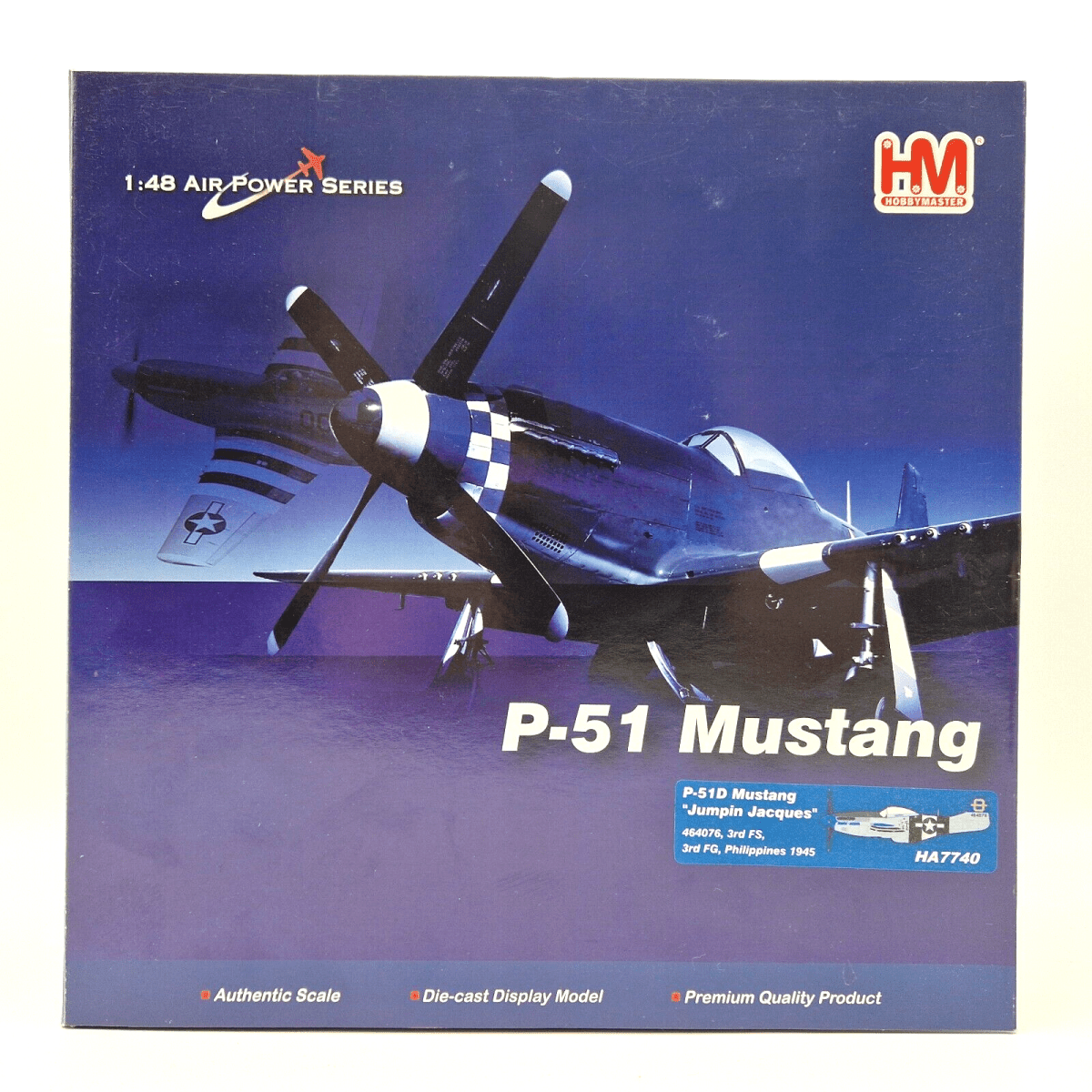 Hobby Master 1:48 P - 51D Mustang, Jumpin Jacques 1945, Diecast Model HA7740, Ex - display - Hobby Master