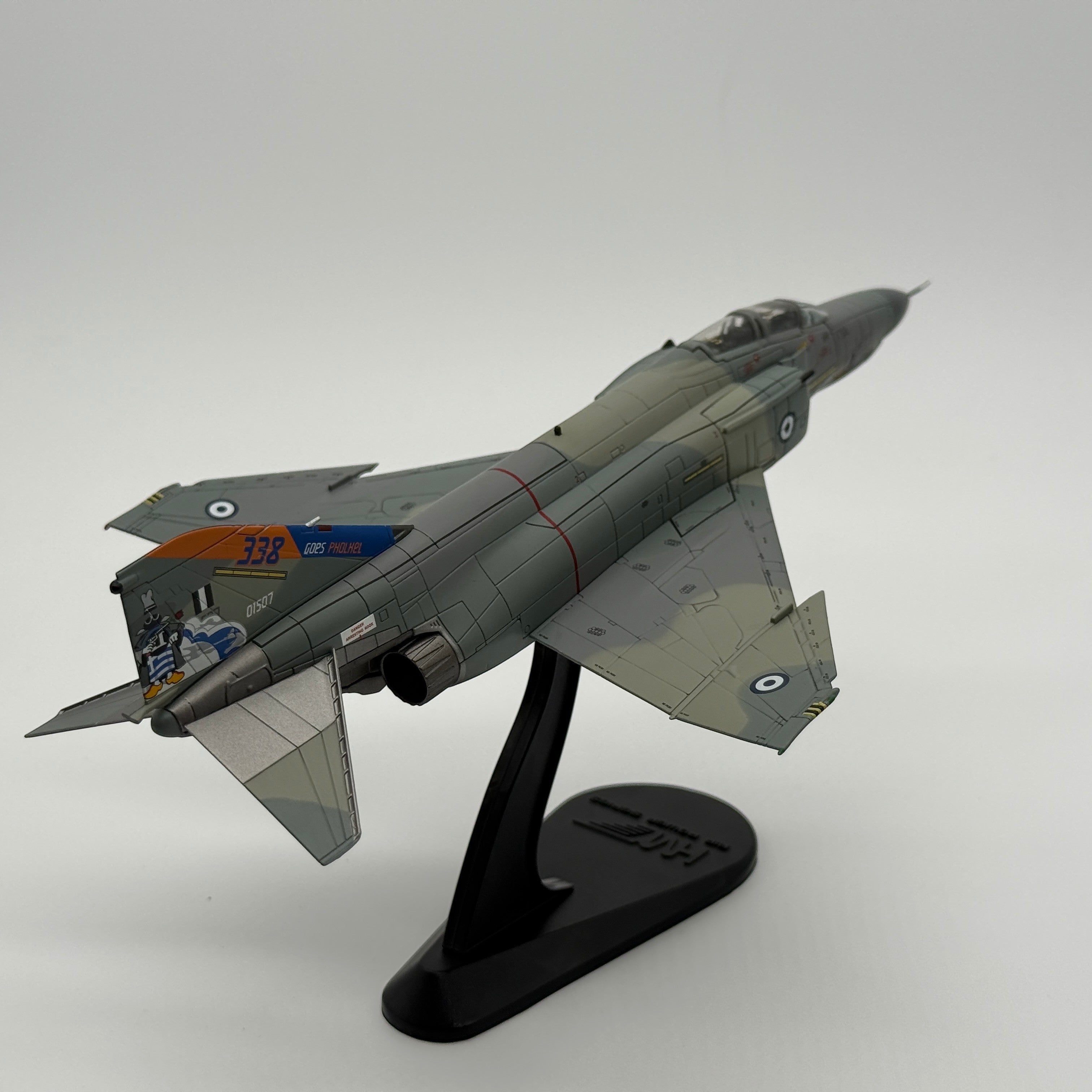 The Collectables Vault 1:72 scale Hobby Master F-4E Phantom II model in Hellenic Air Force livery on a display stand.