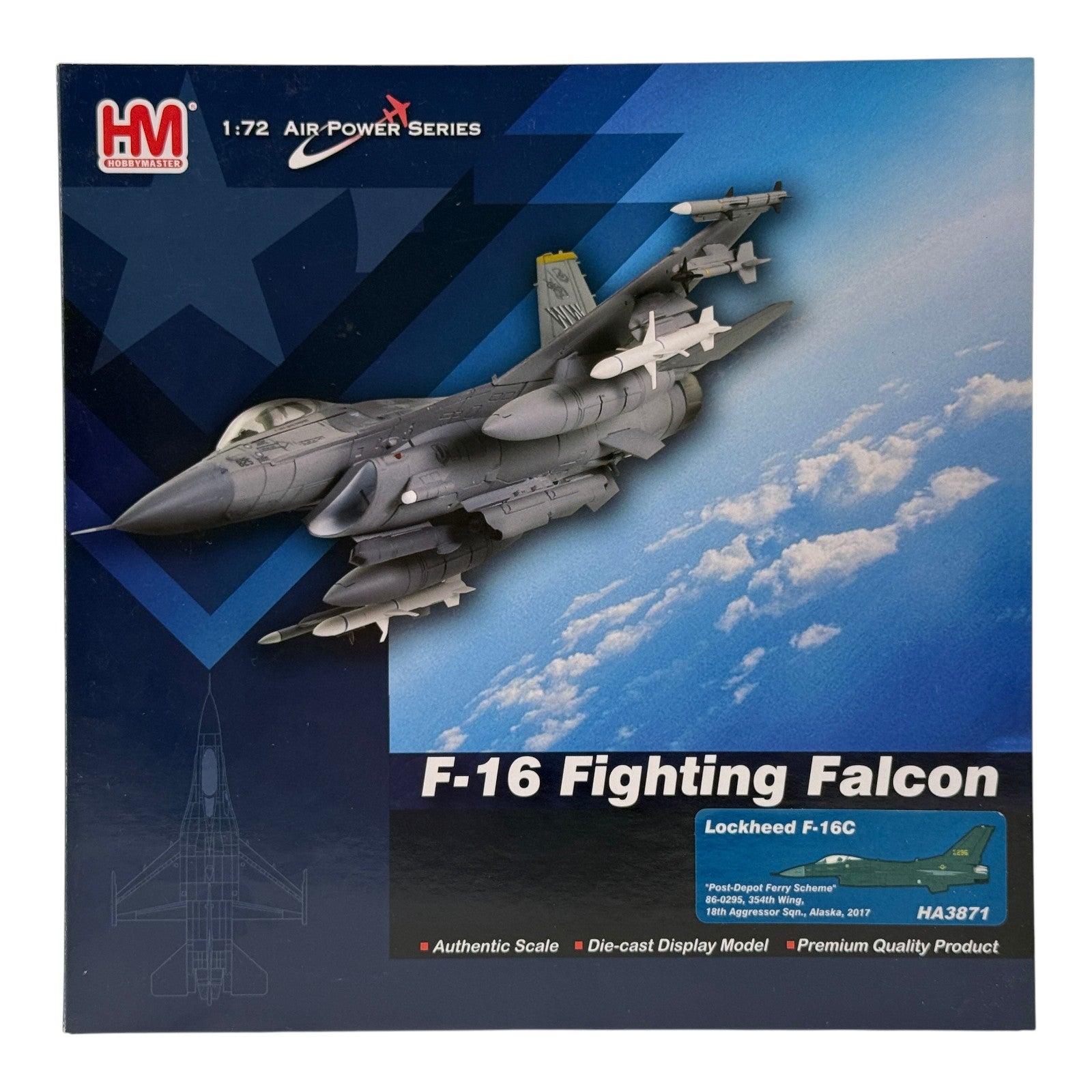 Hobby Master 1:72 scale F-16C Fighting Falcon diecast model box featuring USAF 18th AGRS Alaska livery